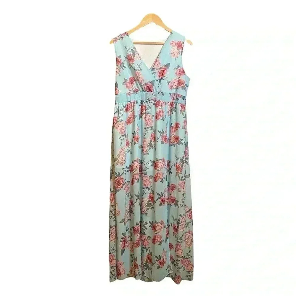 VGT Women's Maxi Dress Pullover Light Blue Floral Print Summer V-neck Back Zip